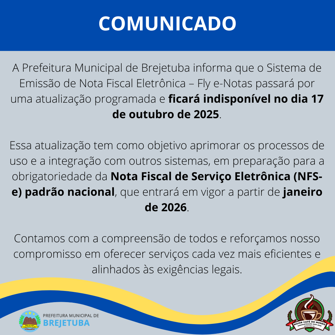 Sistema de Emissão de Nota Fiscal Eletrônica – Fly e-Notas passará por uma atualização programada
